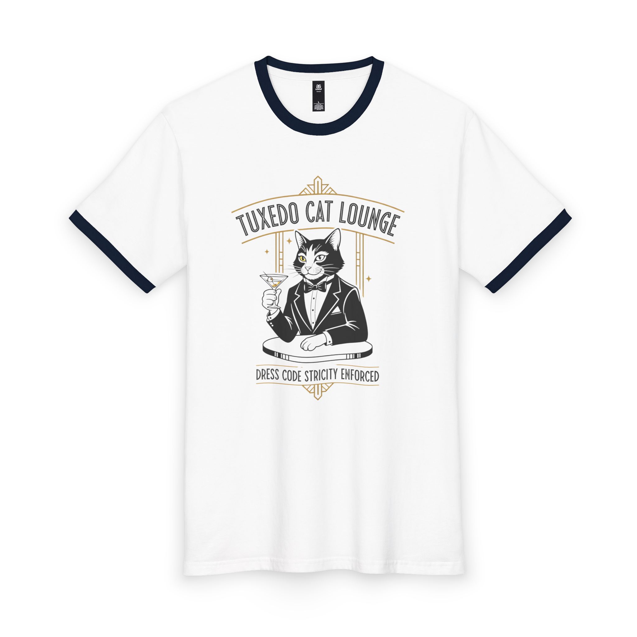 Tuxedo Cat Lounge Ringer Tee — "Dress Code Strictly Enforced" Cat Graphic Shirt - Image 4