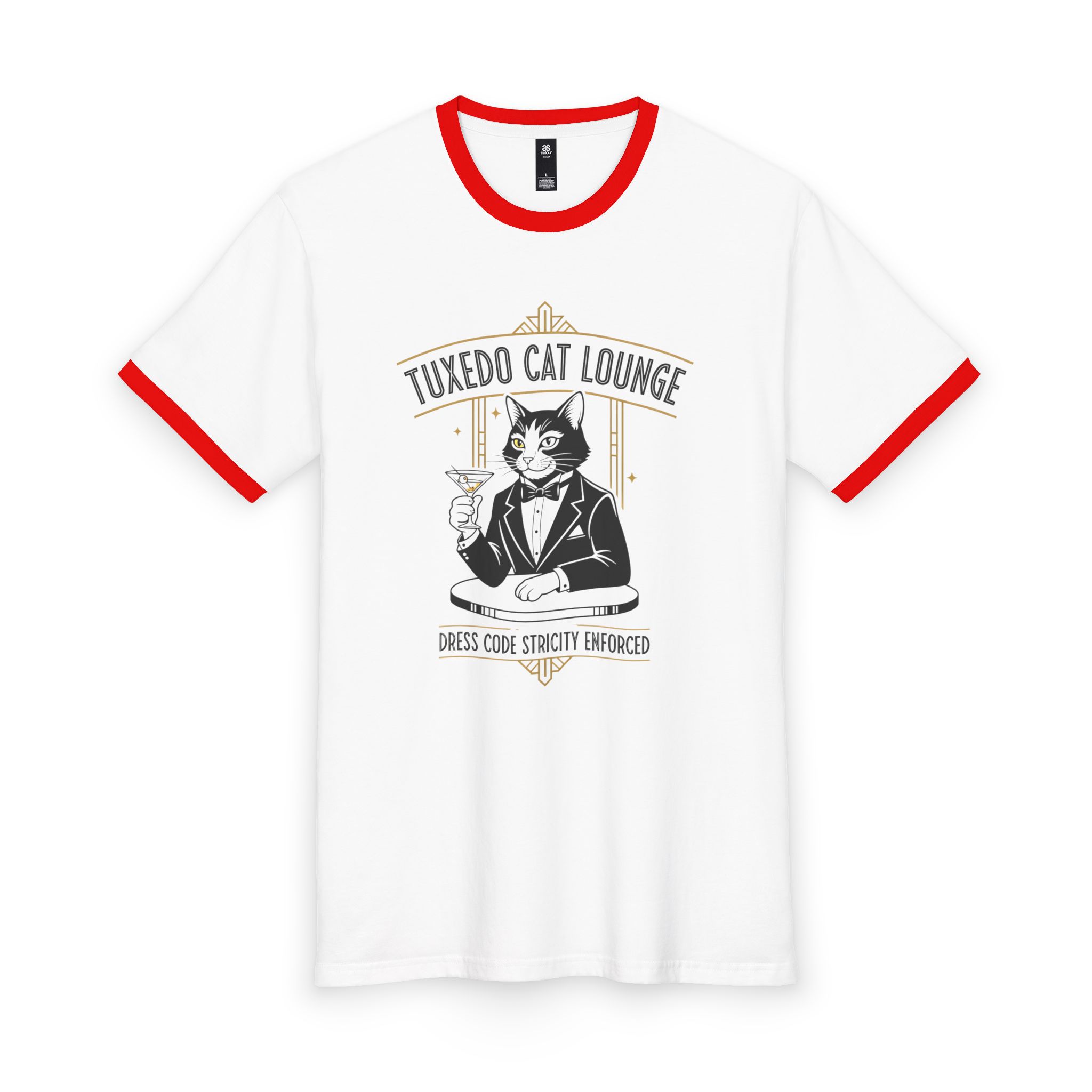 Tuxedo Cat Lounge Ringer Tee — "Dress Code Strictly Enforced" Cat Graphic Shirt - Image 3