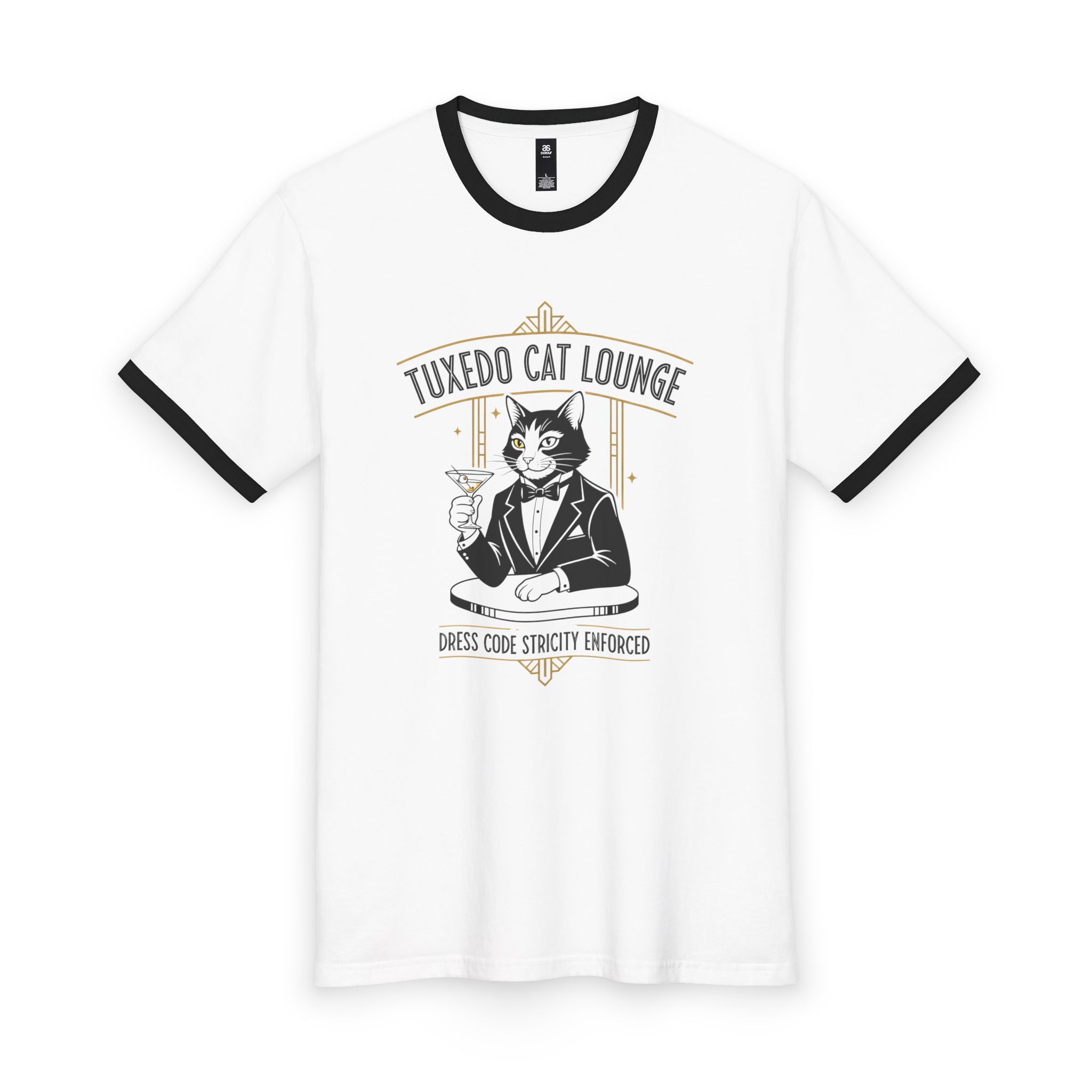 Tuxedo Cat Lounge Ringer Tee — "Dress Code Strictly Enforced" Cat Graphic Shirt - Image 2