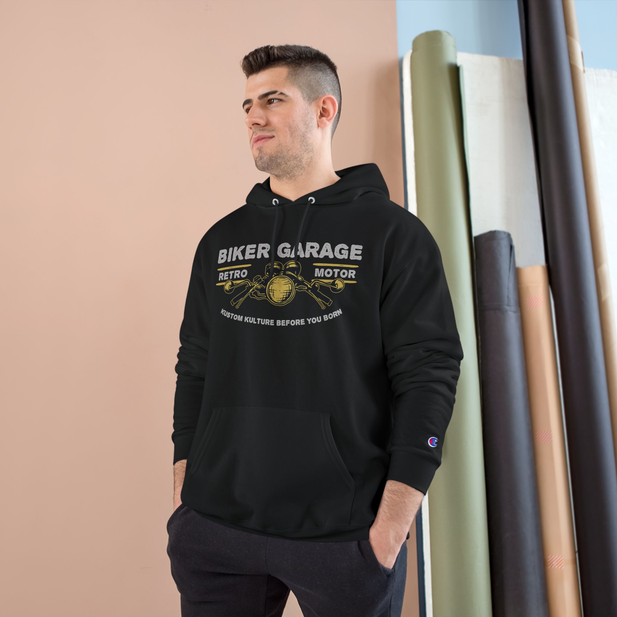 Biker Garage Champion Hoodie – Retro Motorcycle Shop Pullover - Image 4