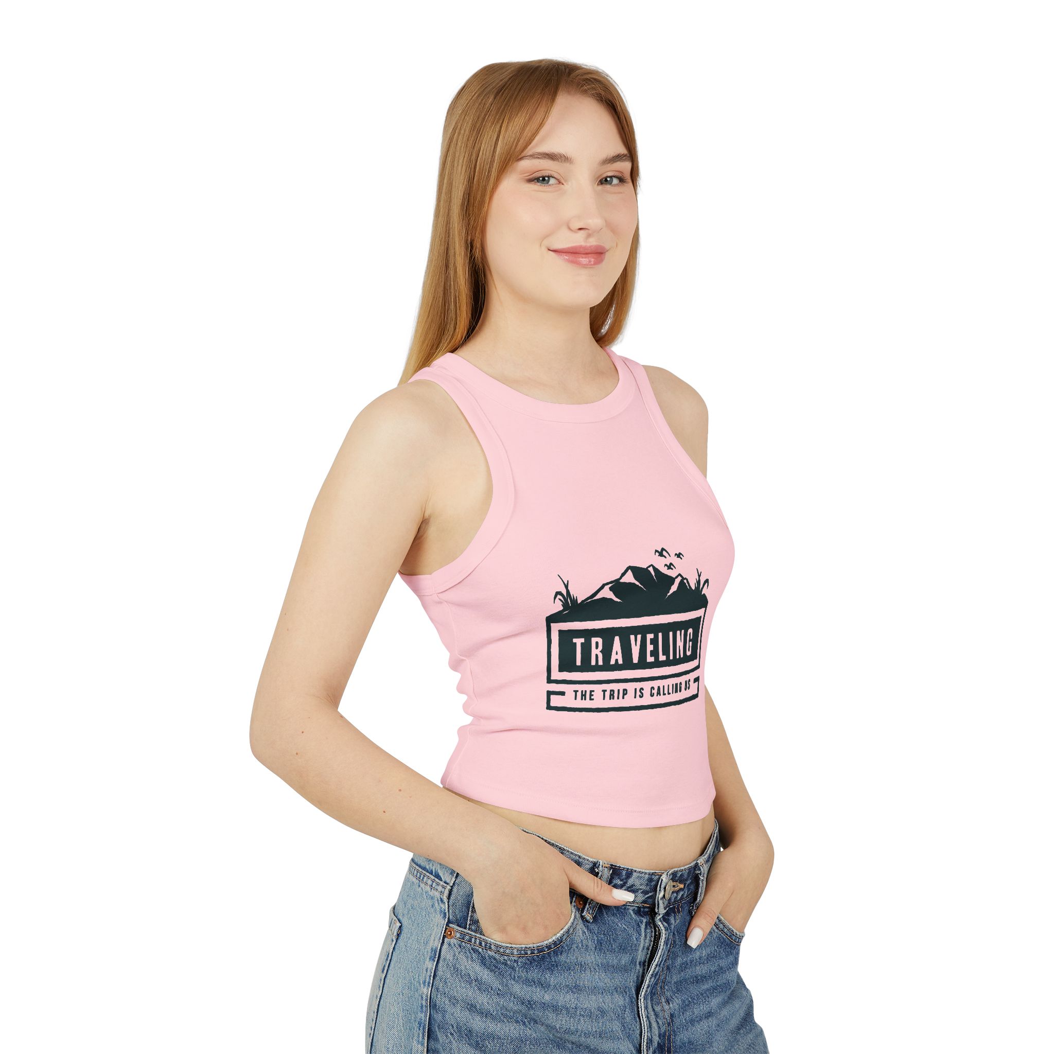 "The Trip Is Calling Us" Women's Rib Racer Crop - Image 2