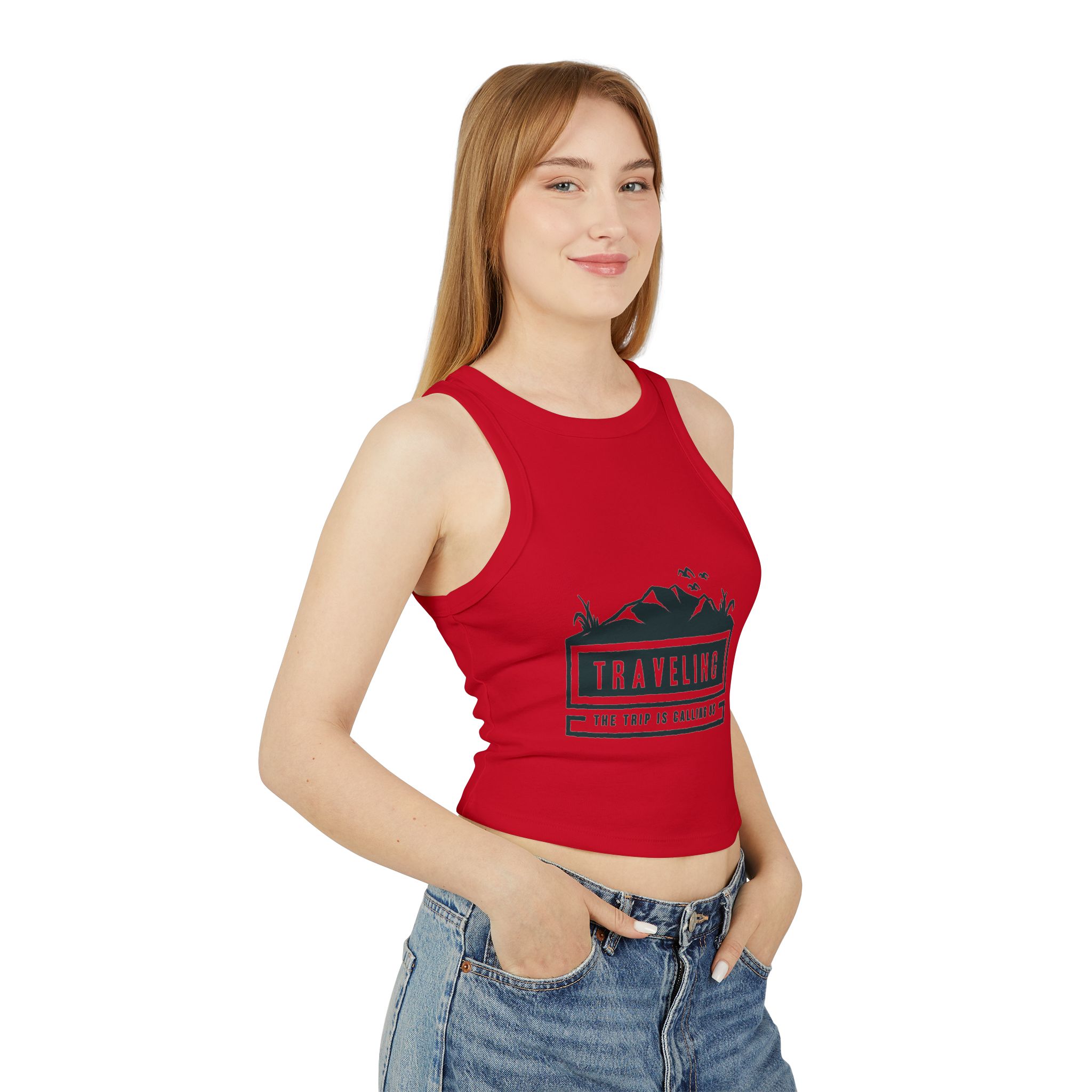 "The Trip Is Calling Us" Women's Rib Racer Crop - Image 8