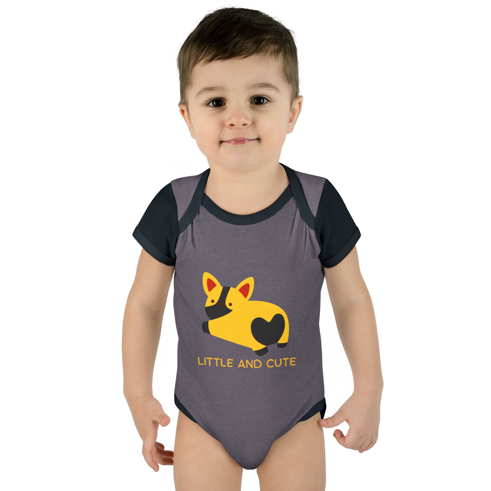 Infant Bodysuit - "Little and Cute" Yellow Puppy Graphic Baby Onesie - Image 6