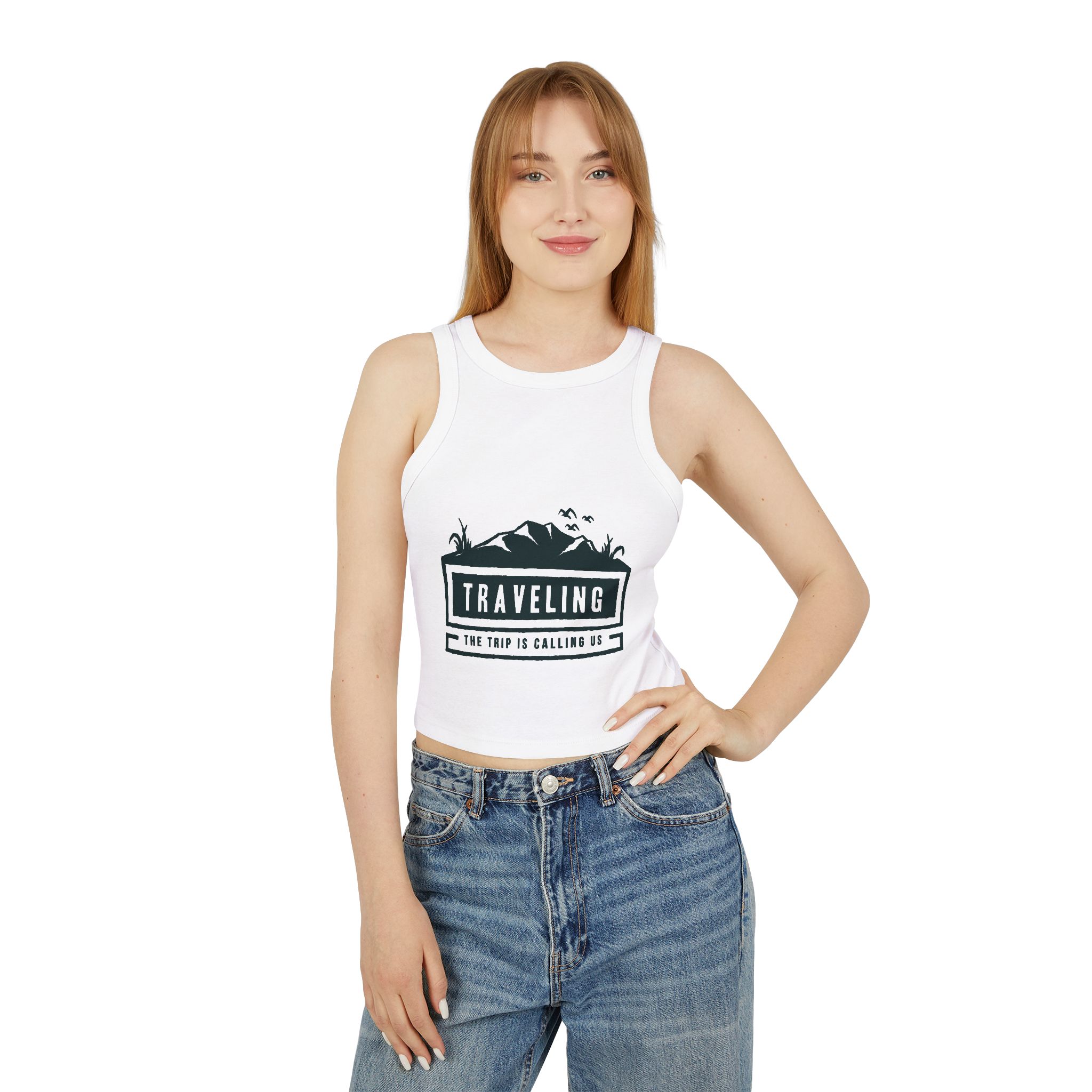 "The Trip Is Calling Us" Women's Rib Racer Crop - Image 3