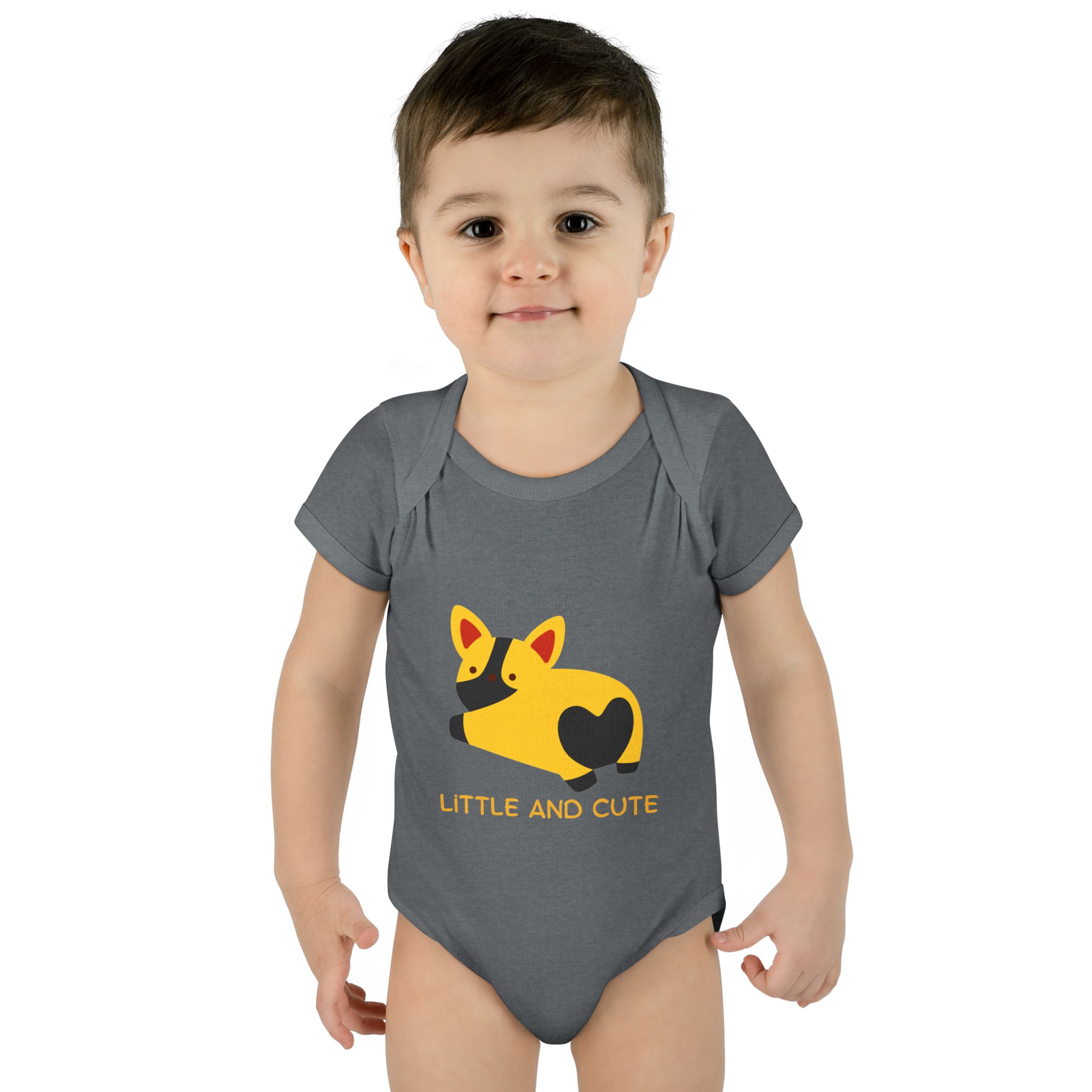 Infant Bodysuit - "Little and Cute" Yellow Puppy Graphic Baby Onesie - Image 5
