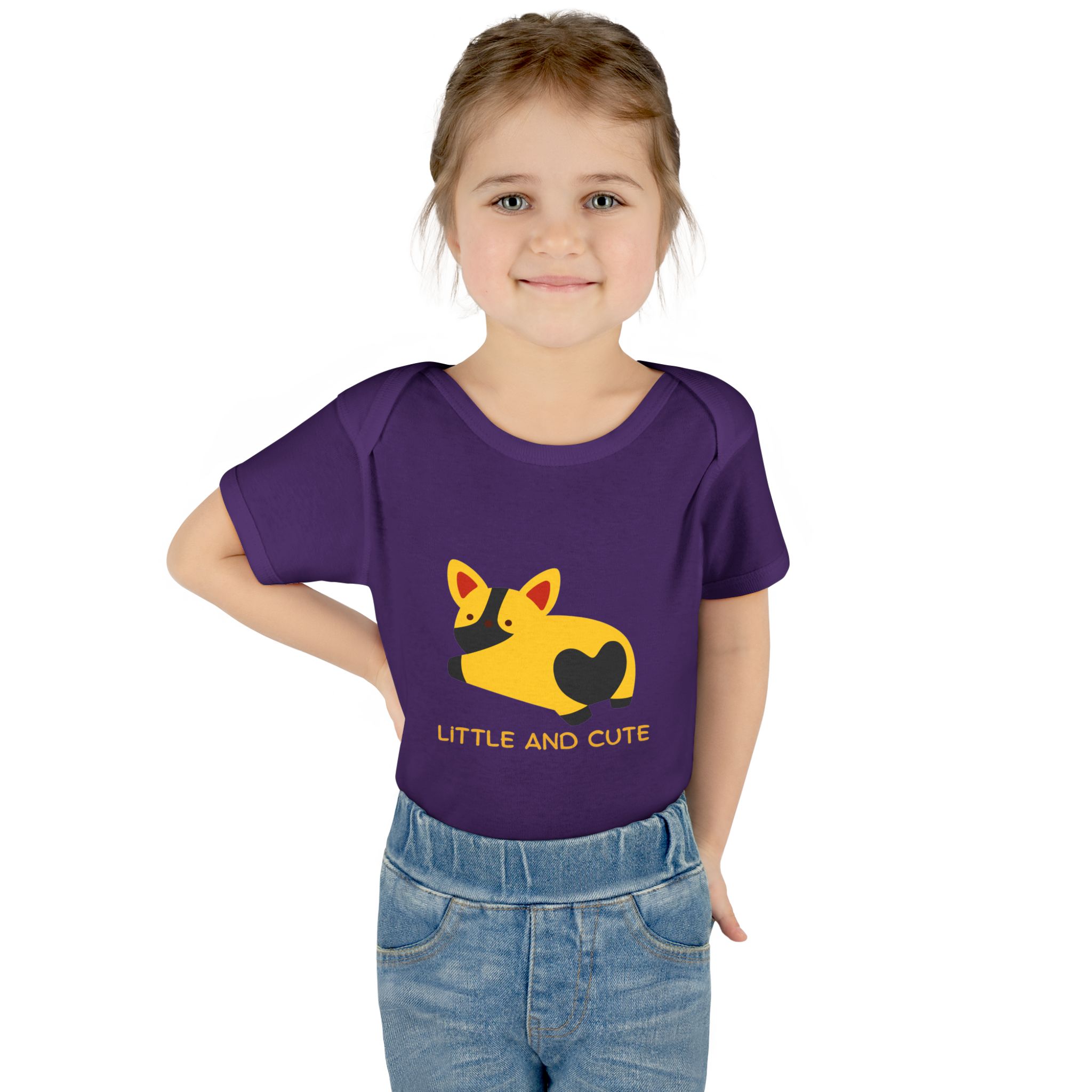 Infant Bodysuit - "Little and Cute" Yellow Puppy Graphic Baby Onesie - Image 8