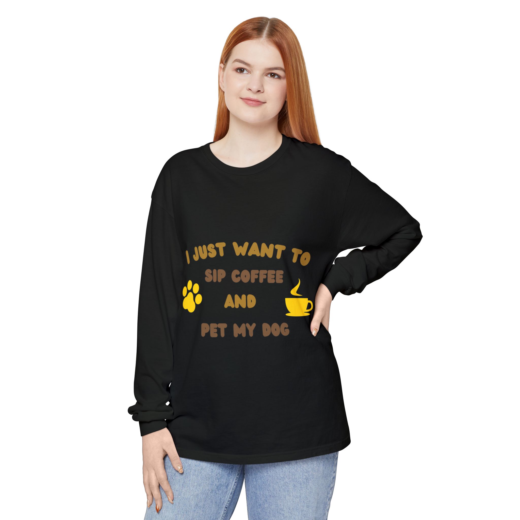 Long Sleeve Tee — "I Just Want to Sip Coffee and Pet My Dog" — Cozy Dog Lover Shirt - Image 4