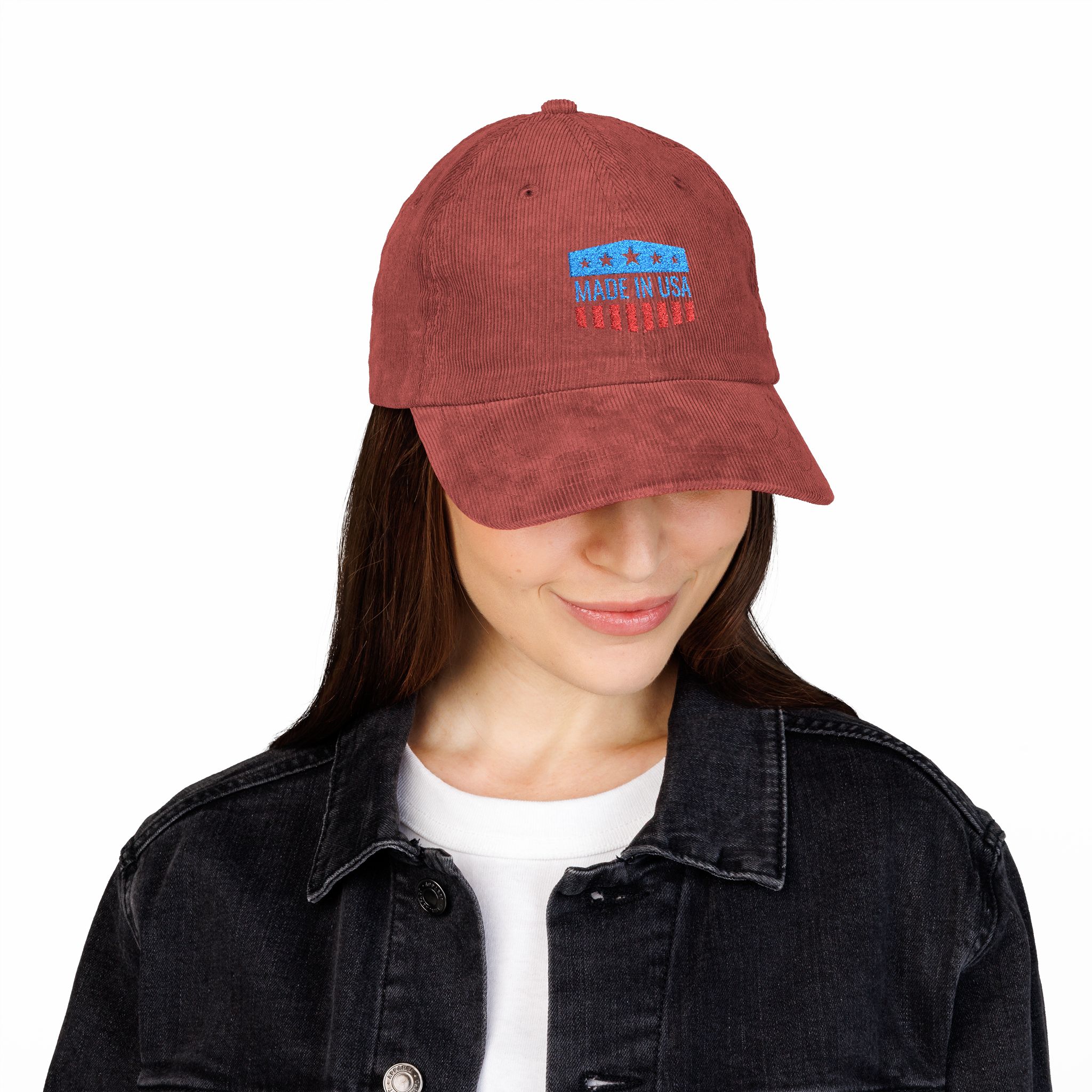 Corduroy Baseball Cap – Embroidered "Made in USA" Vintage Flag - Image 4