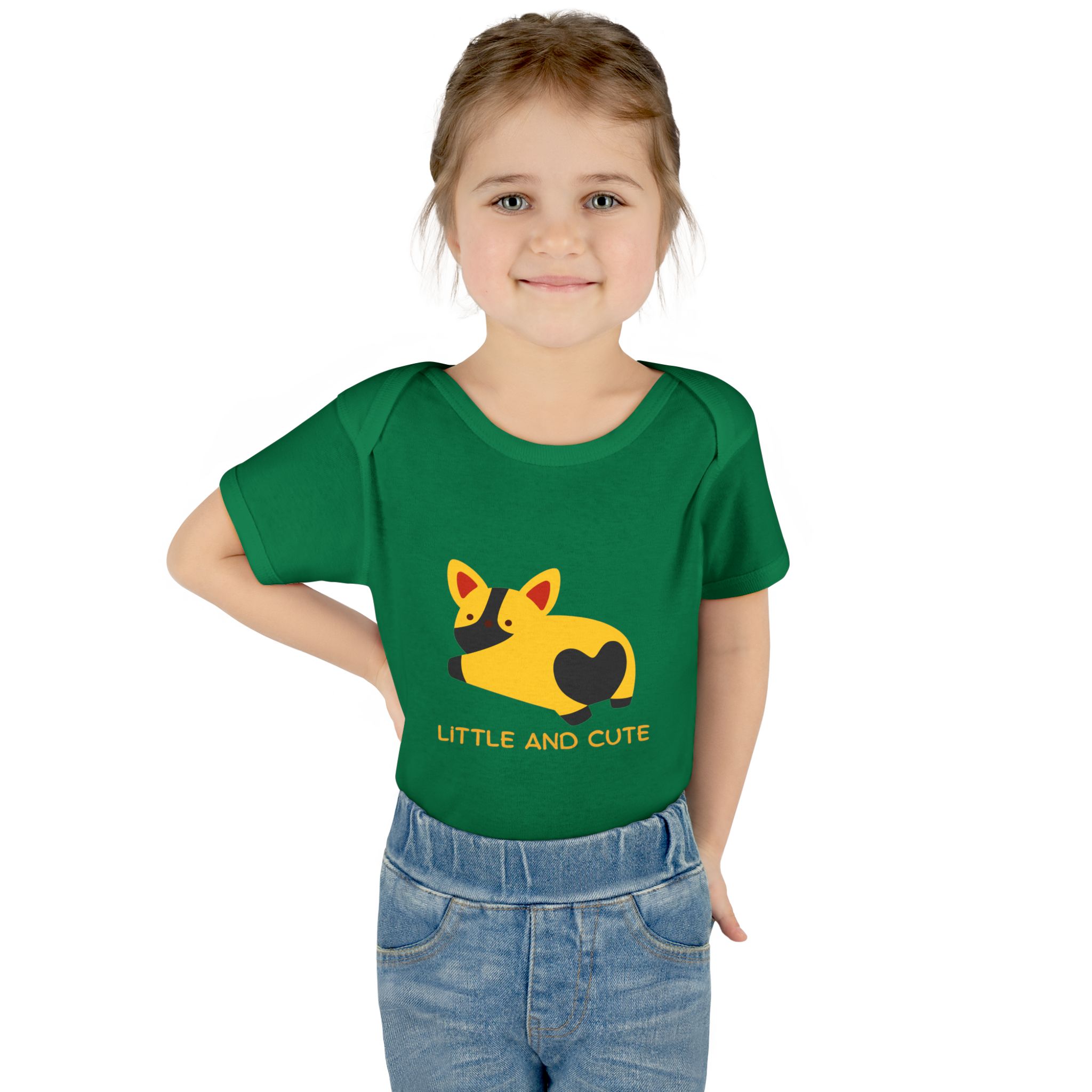 Infant Bodysuit - "Little and Cute" Yellow Puppy Graphic Baby Onesie - Image 4