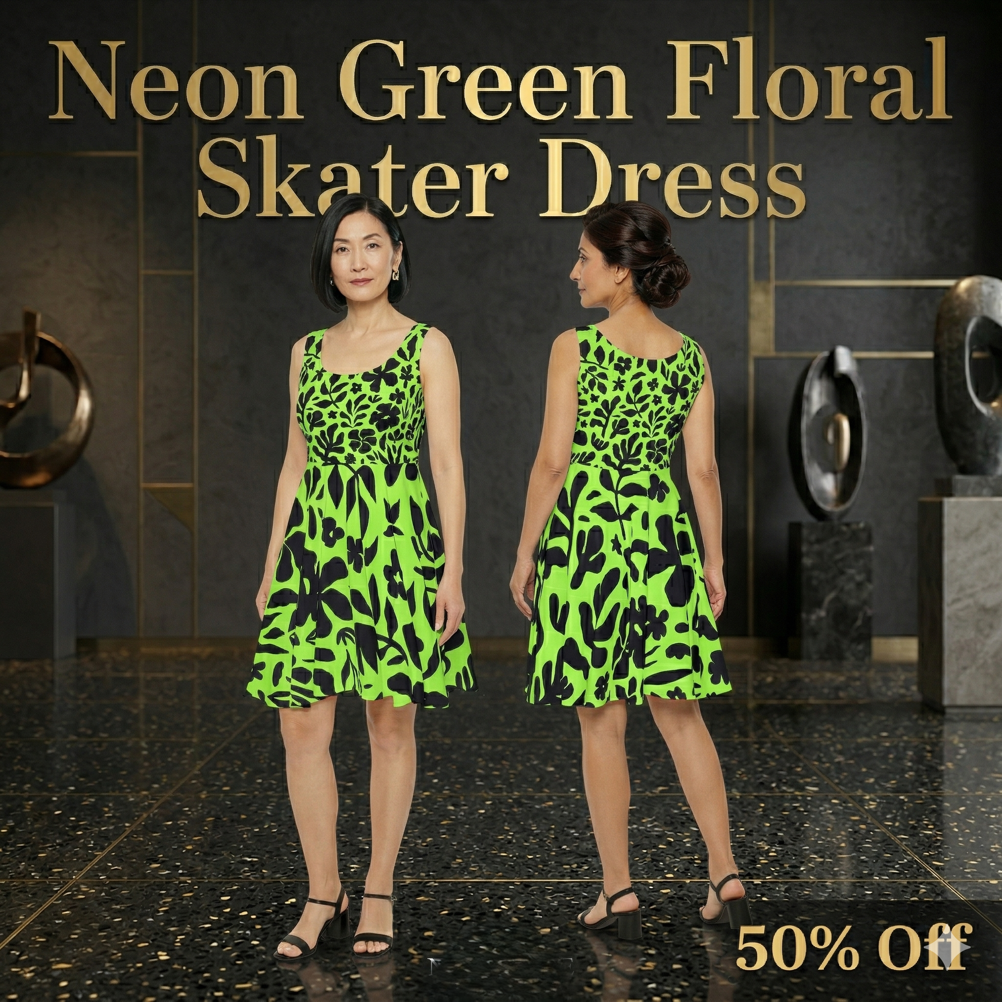 Neon Green Floral Skater Dress