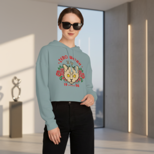 Cropped Hoodie - 'Zero Work Today' Cat Graphic Floral Sweatshirt