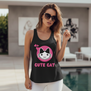 Cute Cat Racerback Tank Top - Women's Flowery Pink Cat Graphic