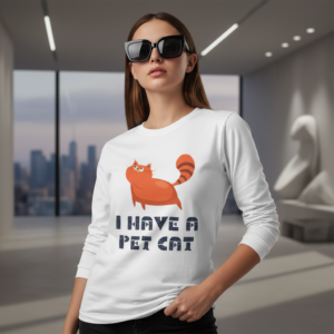 I Have a Pet Cat Long Sleeve Tee — Funny Orange Cat Graphic Shirt for Cat Lovers