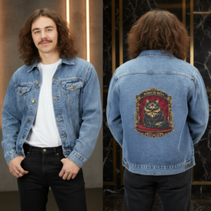 Denim Jacket — Gothic Owl Portrait Back Patch, Vintage Baroque Men’s Jean Jacket