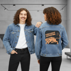 Men's Denim Jacket — 'You Can't Catch Me' Tiger Back Patch