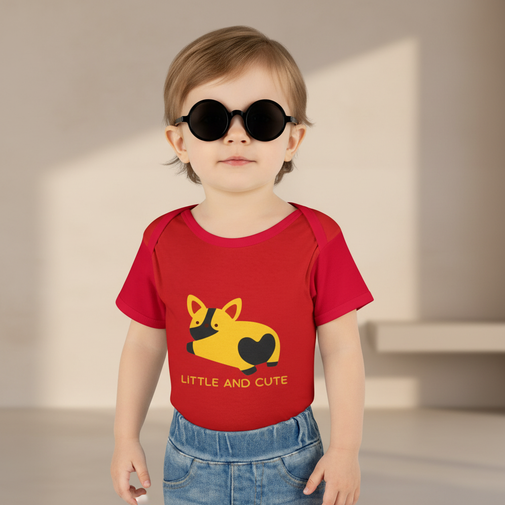 Infant Bodysuit - "Little and Cute" Yellow Puppy Graphic Baby Onesie