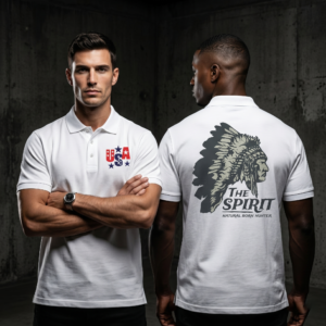 Men's Polo — 'The Spirit' Native Headdress Graphic with USA Chest Accent