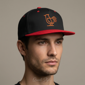 Flat Bill Cap — Embroidered Orange Rooster Logo