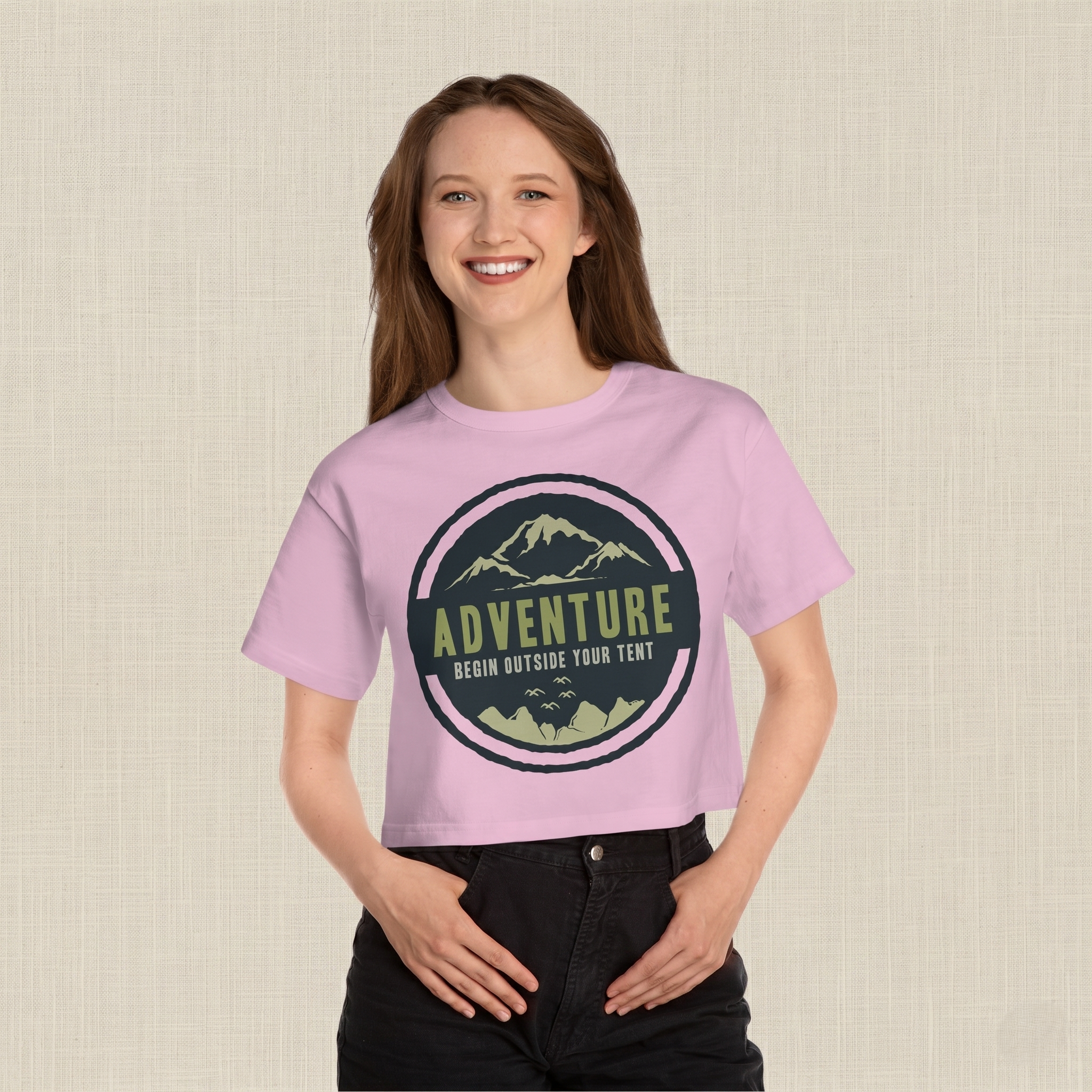 Adventure Graphic Cropped T-Shirt — "Begin Outside Your Tent"