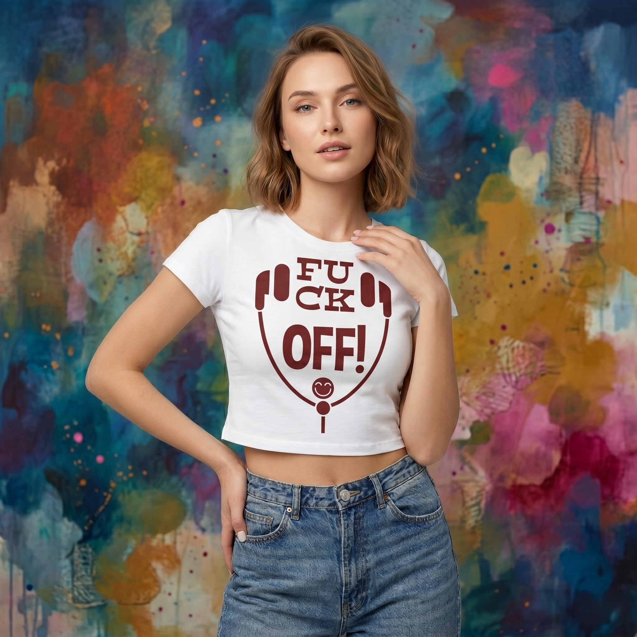 Women's Baby Tee - 'F**K OFF!' Headphone Graphic Crop Tee
