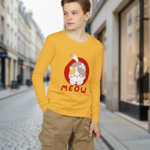 Kids' Long Sleeve Tee — Cute Cartoon Cat "Meow" Graphic