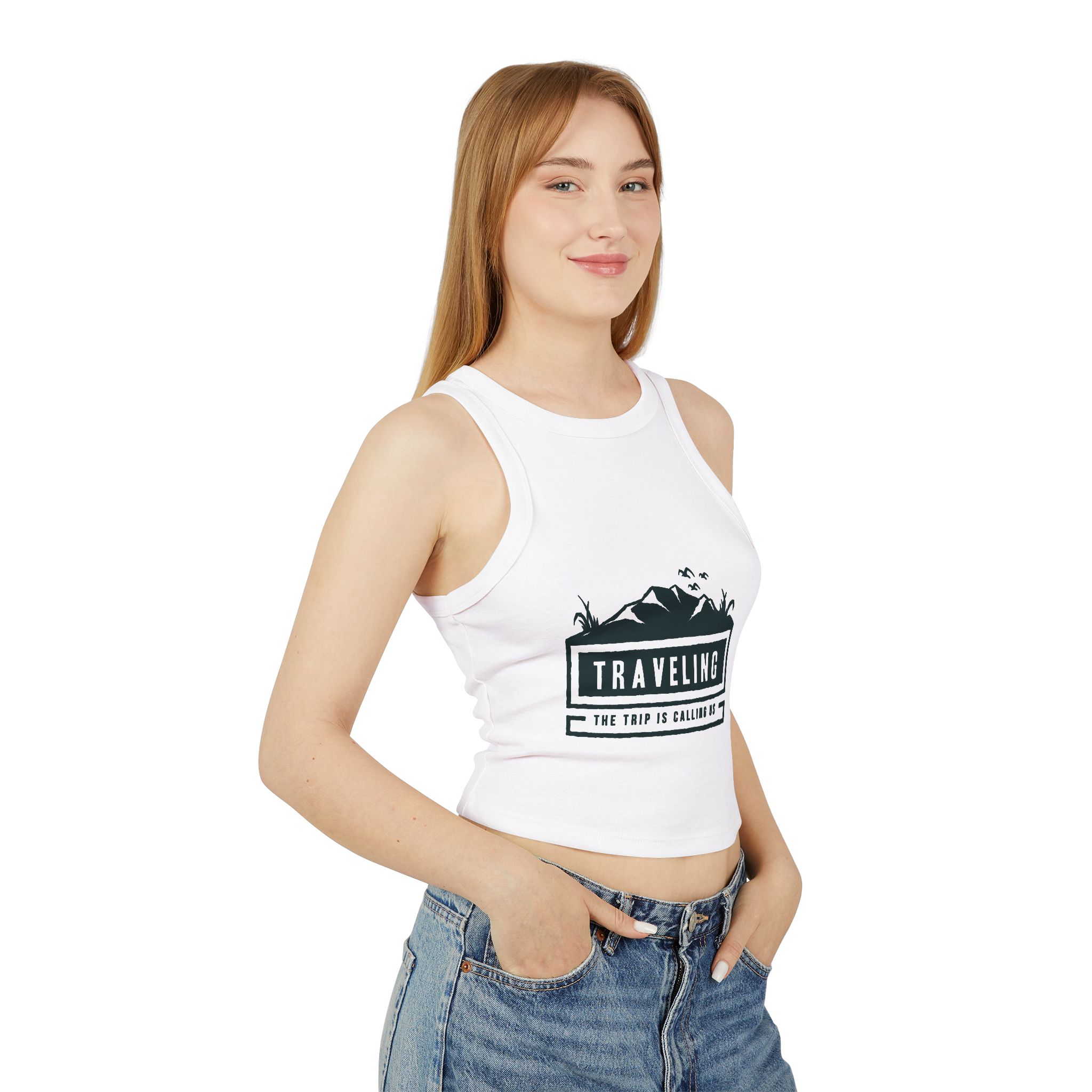 "The Trip Is Calling Us" Women's Rib Racer Crop - Image 4