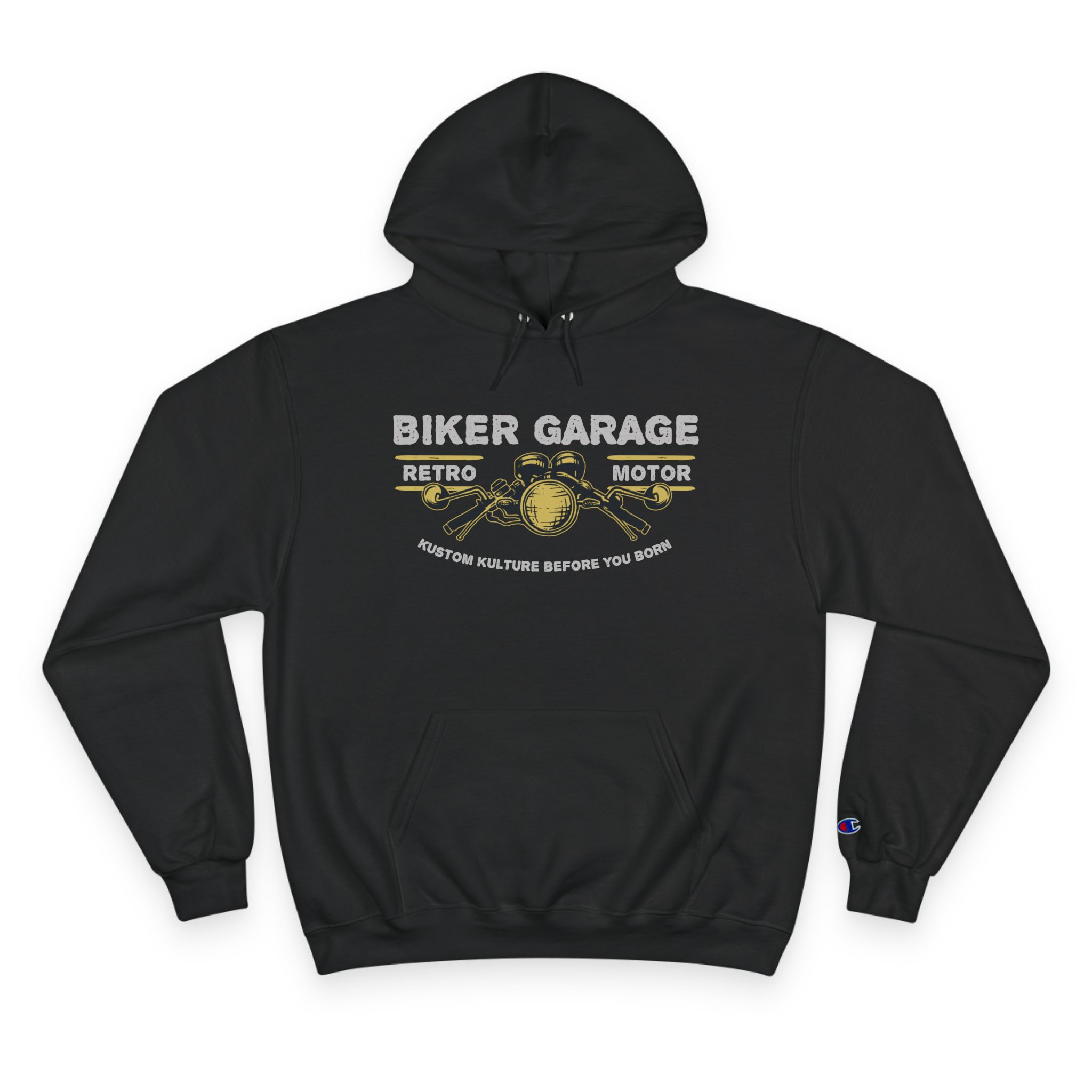 Biker Garage Champion Hoodie – Retro Motorcycle Shop Pullover - Image 3