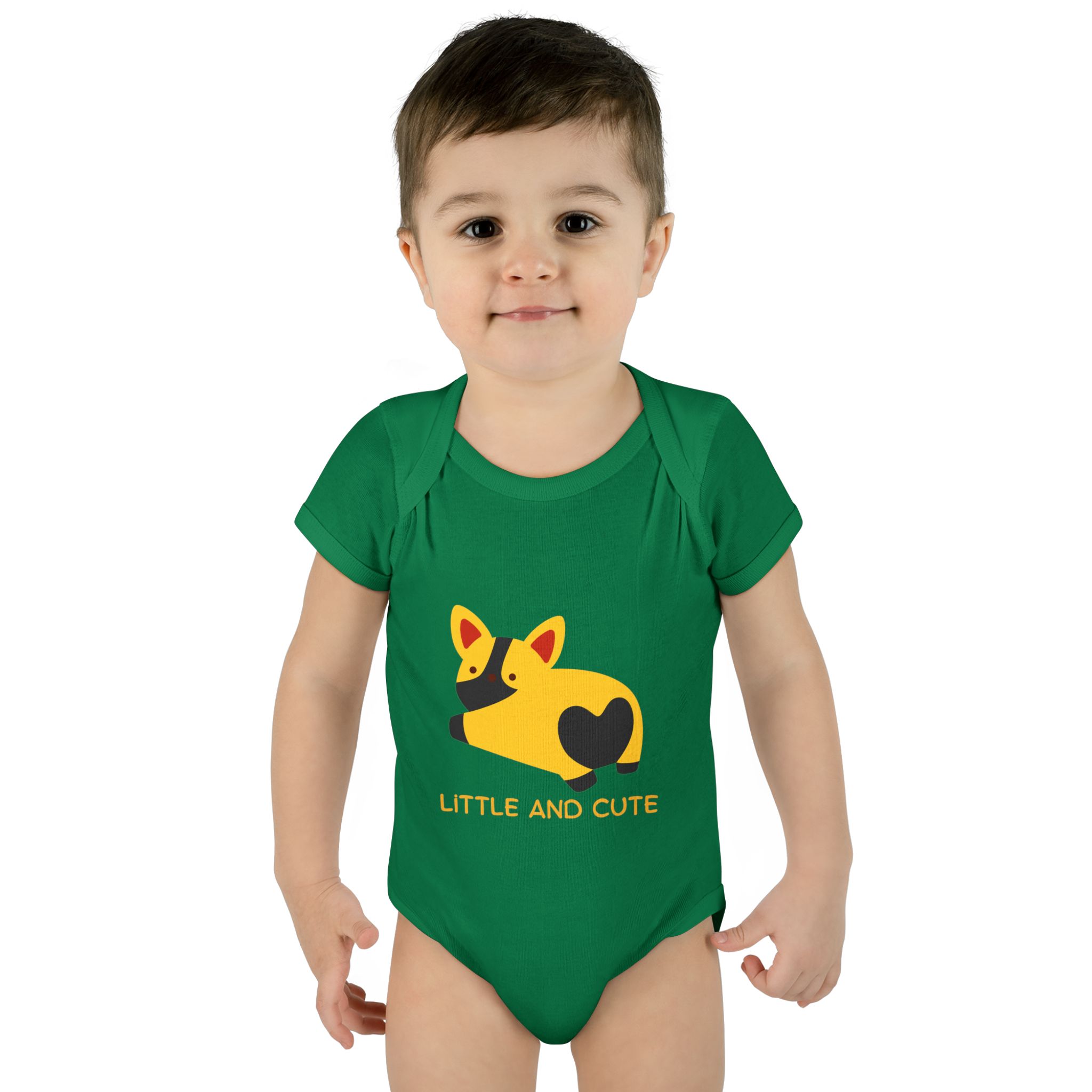Infant Bodysuit - "Little and Cute" Yellow Puppy Graphic Baby Onesie - Image 3