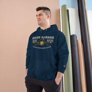 Biker Garage Champion Hoodie – Retro Motorcycle Shop Pullover