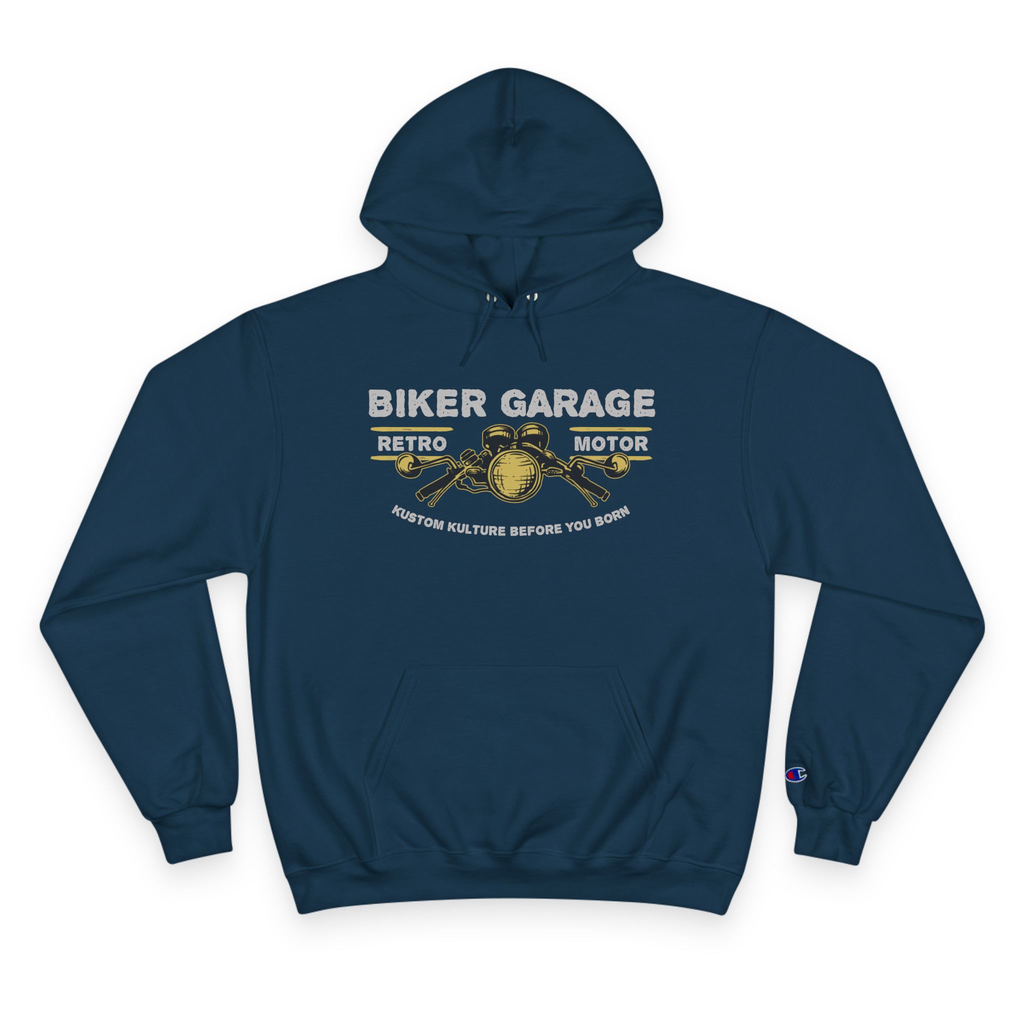 Biker Garage Champion Hoodie – Retro Motorcycle Shop Pullover - Image 2