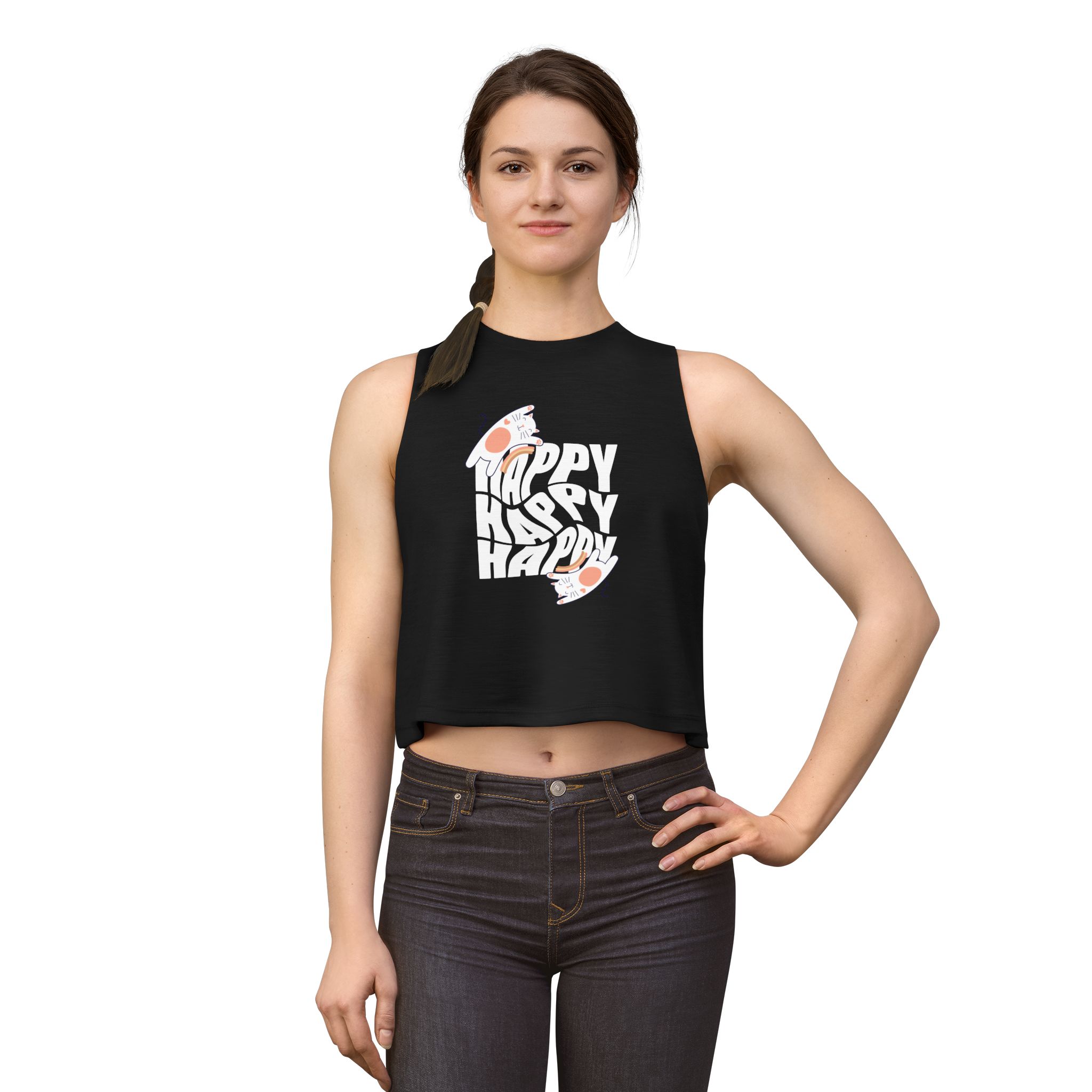 Happy Sushi Women's Crop Top — Retro 'Happy' Graphic Tank for Casual Summer Wear - Image 3
